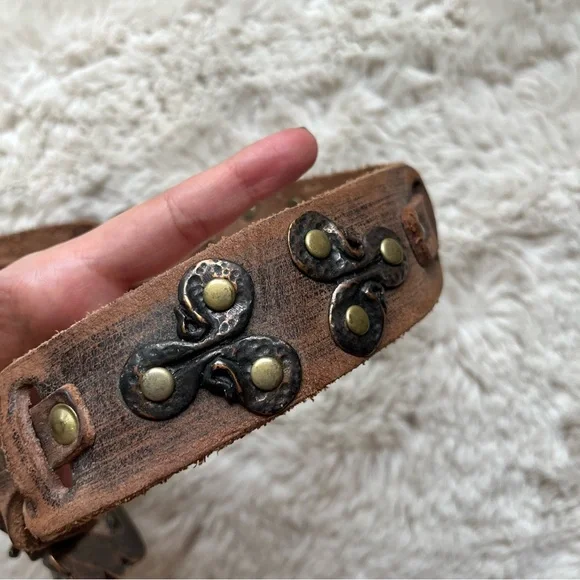 Papa & K Vintage Handmade Brown Distressed Leather Hammered Metal Belt